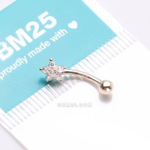 14 Karat Gold Prong Set Brilliant Flower Gem Sparkle Curved Barbell